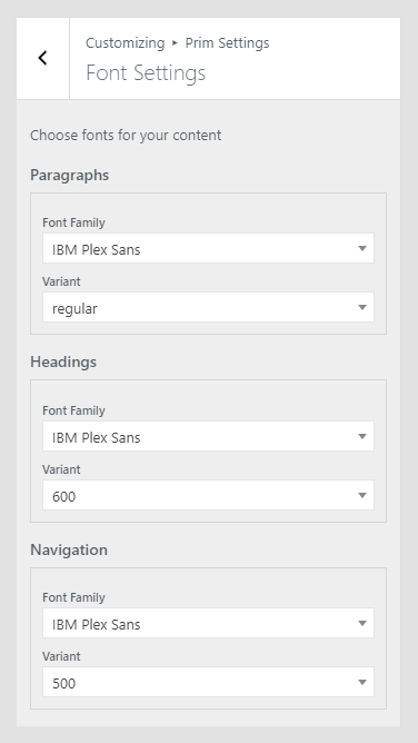 Binar WordPress theme documentation - Font Settings