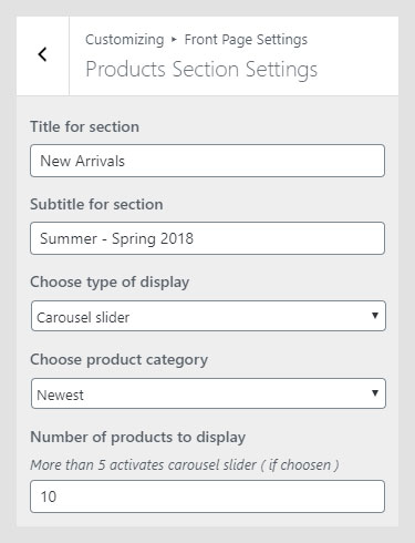 Andara WordPress theme documentation - Products Section Settings