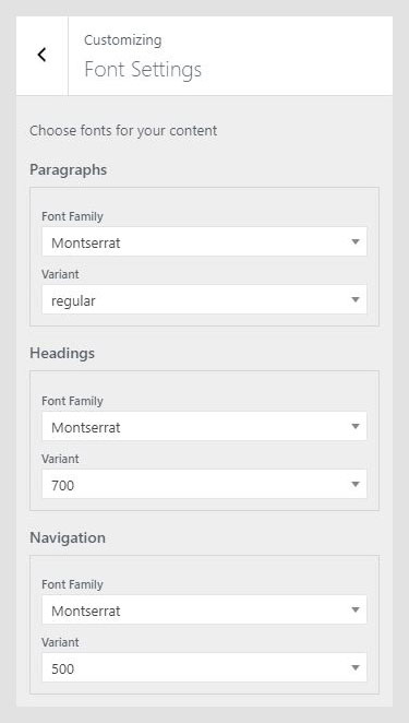Scenery WordPress theme documentation - Font Settings