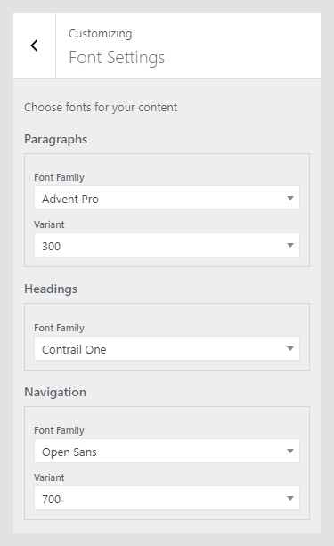 Eris WordPress theme documentation - Font Settings