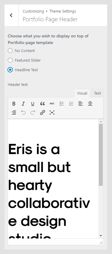 Eris WordPress theme documentation - Portfolio Page Header, Headline Text