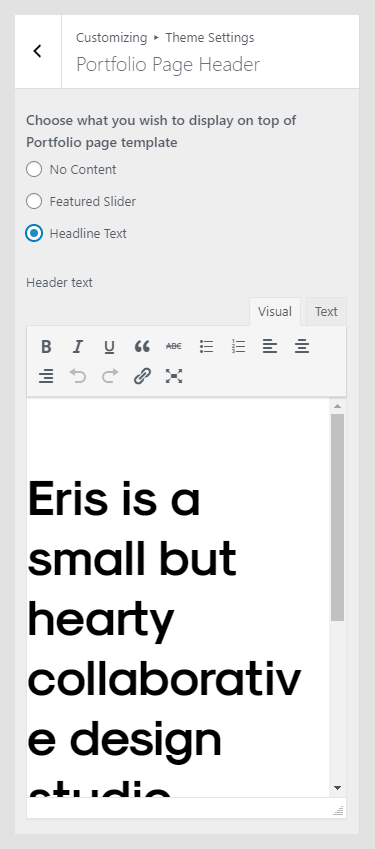 Rei WordPress theme documentation - Portfolio Page Header, Headline Text