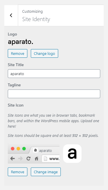 Aparato WordPress theme documentation - Site Identity