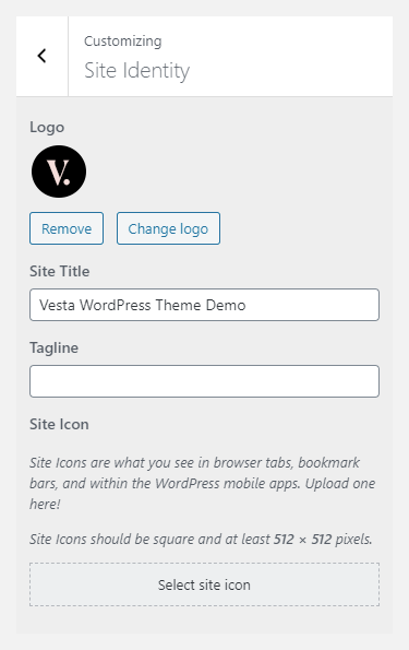 Vesta WordPress theme documentation - Site Identity