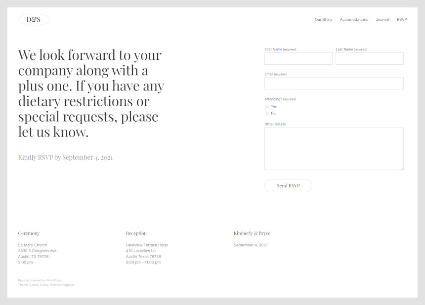 Gamos WordPress theme documentation - RSVP page